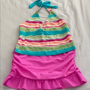 Xhilaration two piece swimsuit- top striped and pick skirt with Ruffle Detail